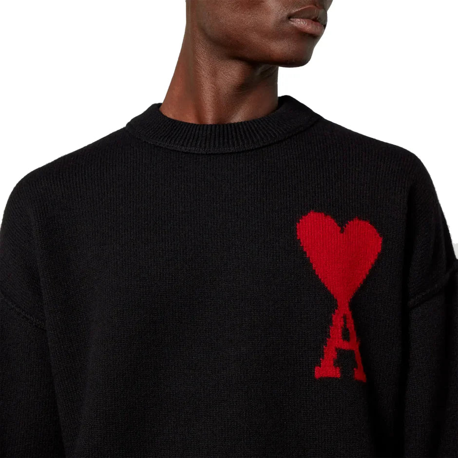 Ami Paris Red Ami De Coeur Logo Intarsia Off Black Sweatshirt